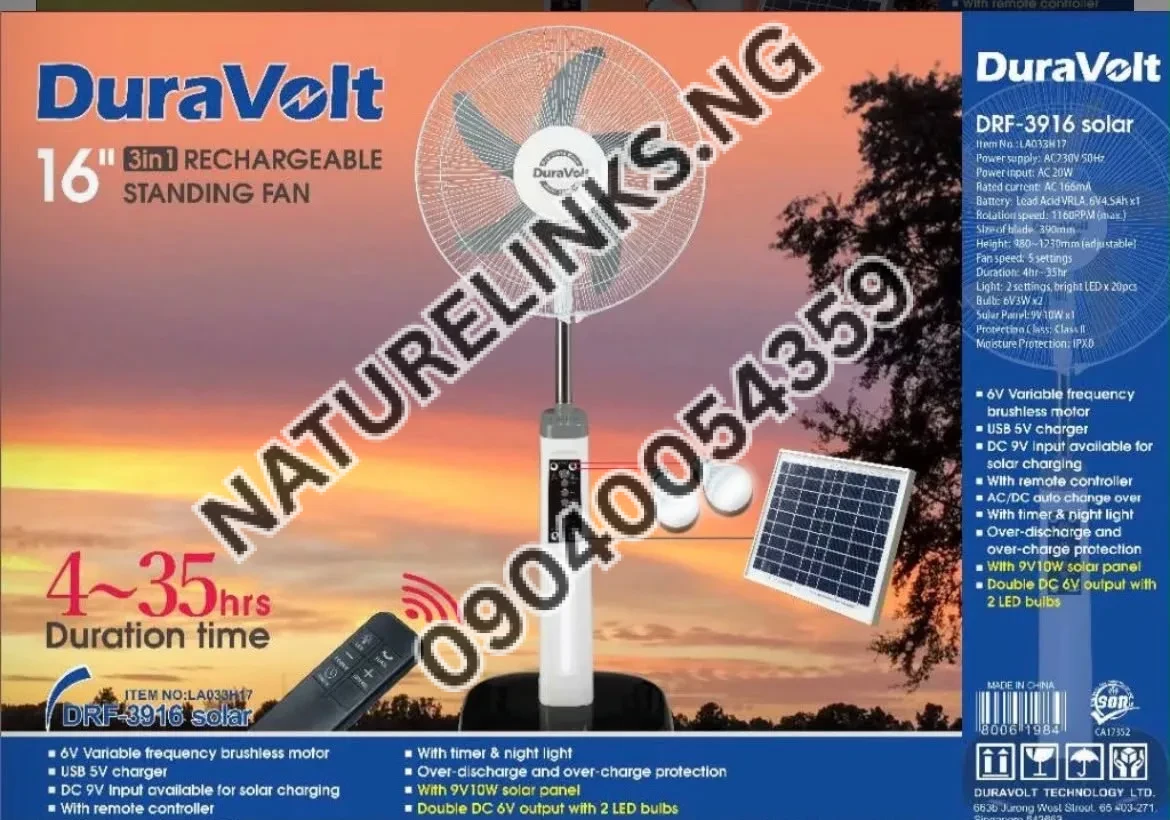 DuraVolt 16-Inch 3-In-1 Rechargeable Standing Fan, Model DRF-3916 Solar Price in Nigeria DuraVolt 16-Inch 3-In-1 Rechargeable Standing Fan, Model DRF-3916 Solar Price in Nigeria Nature Solar Global Limited