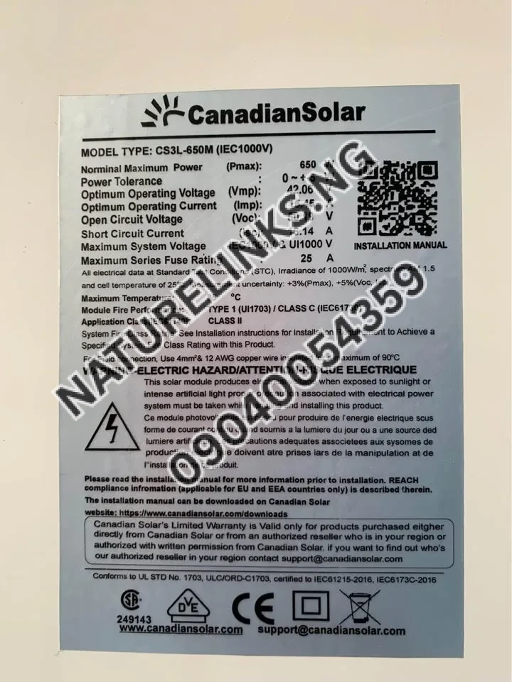 650watts Canadian Solar Panel Halfcut mono 144cells Price in Nigeria 3 650watts Canadian Solar Panel Halfcut mono 144cells Price in Nigeria Nature Solar Global Limited 3