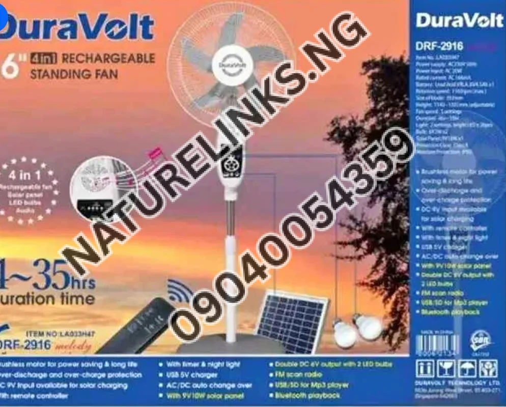 Duravolt 16inches Rechargeable Fan + Solar Panel + 2 Bulbs + Audio Price in Nigeria Duravolt 16inches Rechargeable Fan + Solar Panel + 2 Bulbs + Audio Price in Nigeria Nature Solar Global Limited