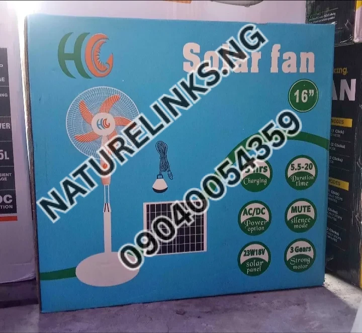 HC 16″ Solar Rechargeable Standing Fan + Panel + Bulb | AC/DC | Long Battery Life Price in Nigeria HC 16″ Solar Rechargeable Standing Fan + Panel + Bulb | AC/DC | Long Battery Life Price in Nigeria Nature Solar Global Limited