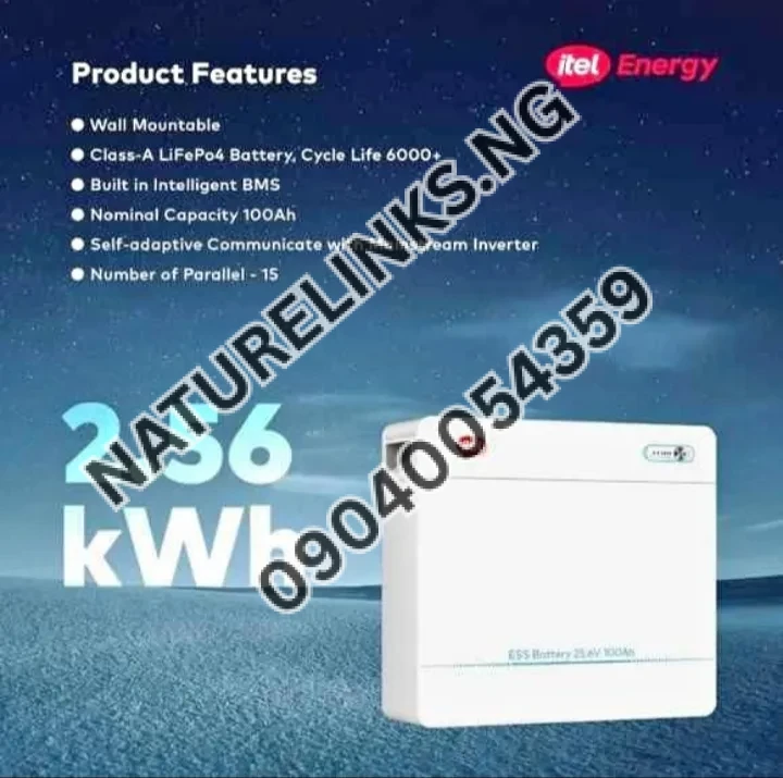 Itel 2.56kWh Lithium Battery Wall Mounted 24V 100Ah 2560Wh IPW-25100 IP21 Price in Nigeria Itel 2.56kWh Lithium Battery Wall Mounted 24V 100Ah 2560Wh IPW-25100 IP21 Price in Nigeria Nature Solar Global Limited